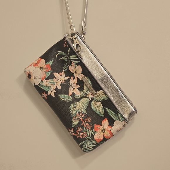 New York & Company Handbags - New York & Company Floral Black and Silver Clutch